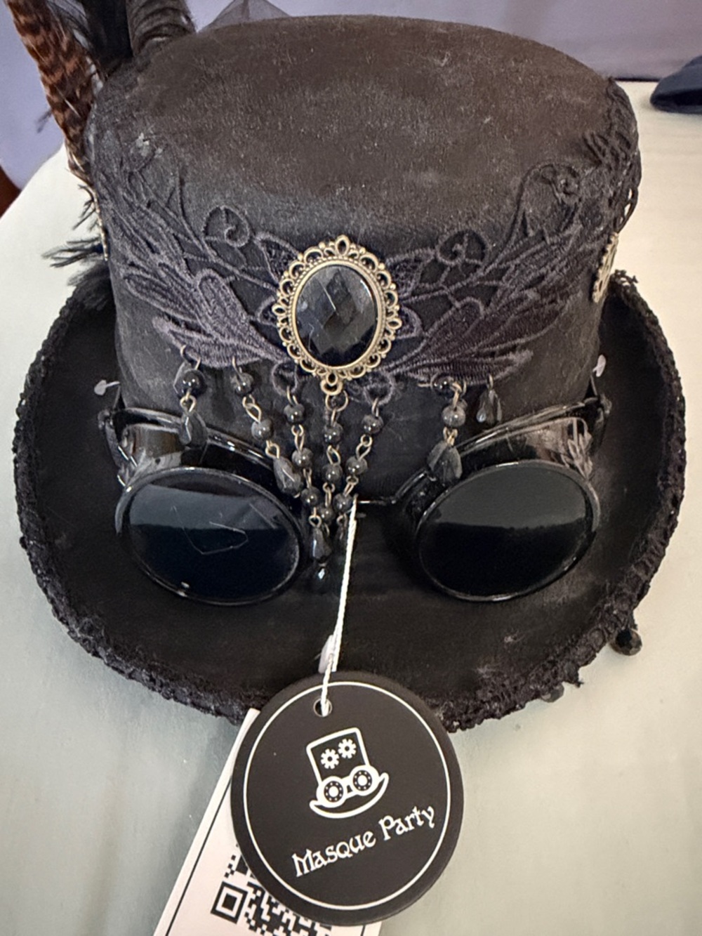 Black steam punk Top Hat with Veil and Feather Accent